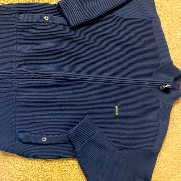 Paul & Shark ribbed-knit zip-up cardigan dark blue wool high neck.